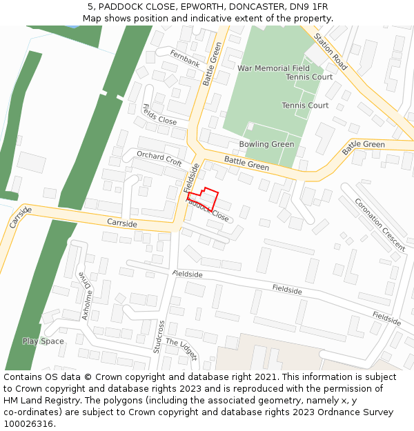 5, PADDOCK CLOSE, EPWORTH, DONCASTER, DN9 1FR: Location map and indicative extent of plot