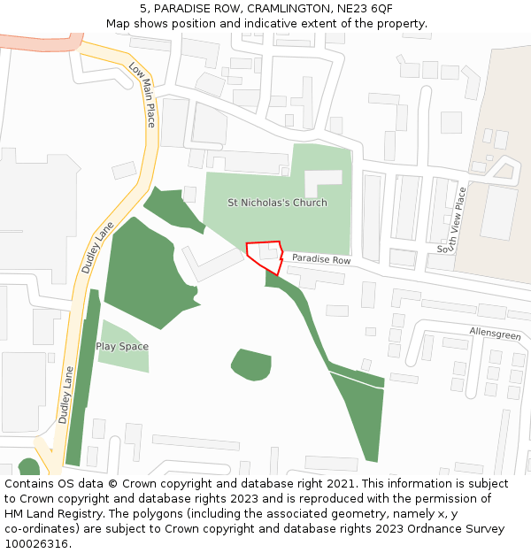 5, PARADISE ROW, CRAMLINGTON, NE23 6QF: Location map and indicative extent of plot