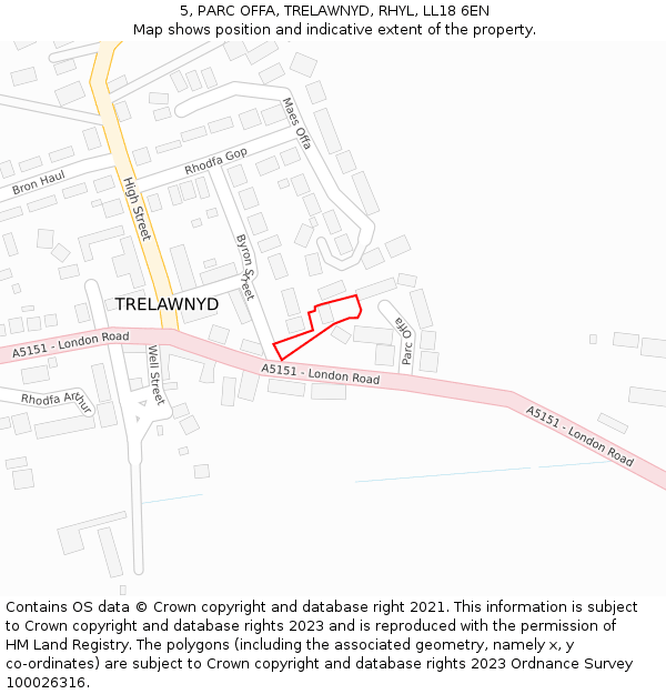 5, PARC OFFA, TRELAWNYD, RHYL, LL18 6EN: Location map and indicative extent of plot