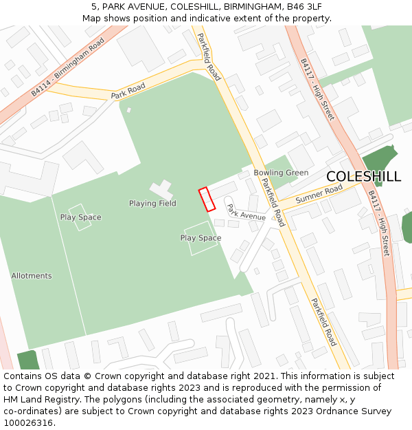 5, PARK AVENUE, COLESHILL, BIRMINGHAM, B46 3LF: Location map and indicative extent of plot