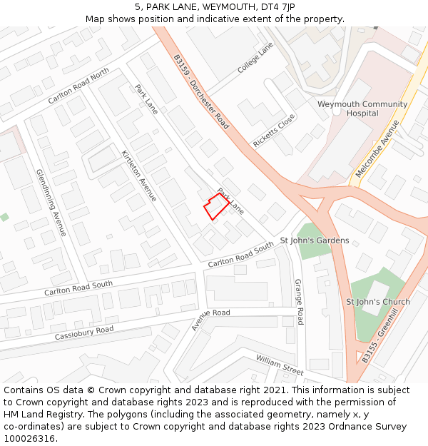 5, PARK LANE, WEYMOUTH, DT4 7JP: Location map and indicative extent of plot