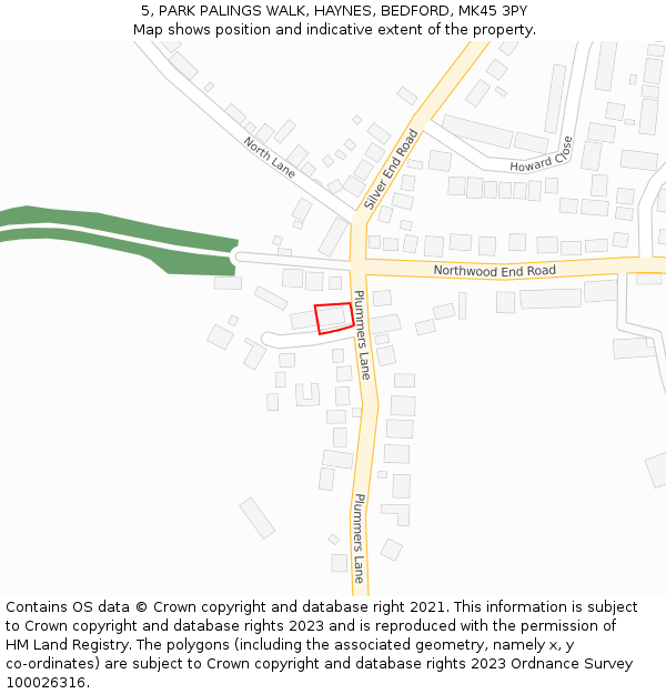 5, PARK PALINGS WALK, HAYNES, BEDFORD, MK45 3PY: Location map and indicative extent of plot