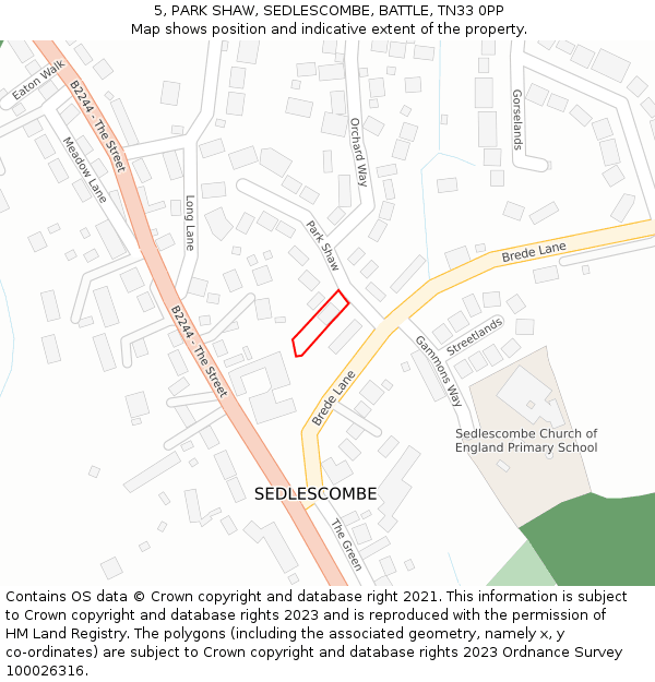 5, PARK SHAW, SEDLESCOMBE, BATTLE, TN33 0PP: Location map and indicative extent of plot