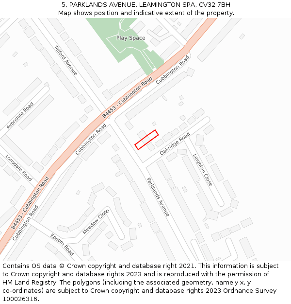 5, PARKLANDS AVENUE, LEAMINGTON SPA, CV32 7BH: Location map and indicative extent of plot