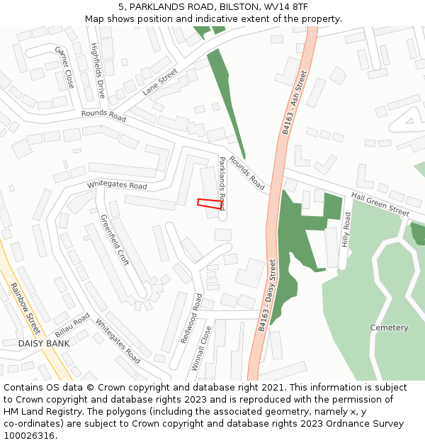 5, PARKLANDS ROAD, BILSTON, WV14 8TF: Location map and indicative extent of plot
