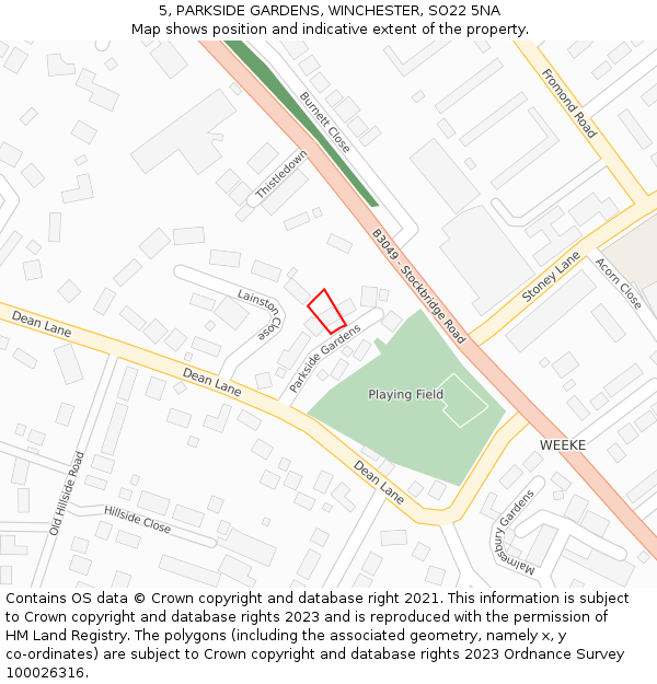 5, PARKSIDE GARDENS, WINCHESTER, SO22 5NA: Location map and indicative extent of plot