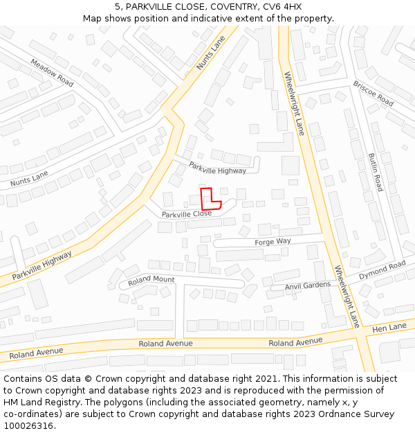 5, PARKVILLE CLOSE, COVENTRY, CV6 4HX: Location map and indicative extent of plot