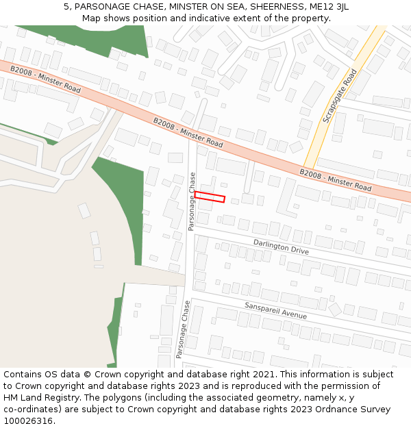 5, PARSONAGE CHASE, MINSTER ON SEA, SHEERNESS, ME12 3JL: Location map and indicative extent of plot