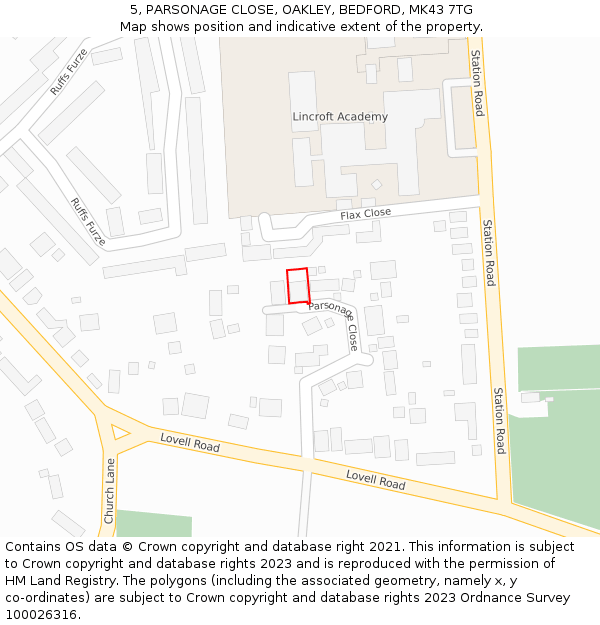 5, PARSONAGE CLOSE, OAKLEY, BEDFORD, MK43 7TG: Location map and indicative extent of plot