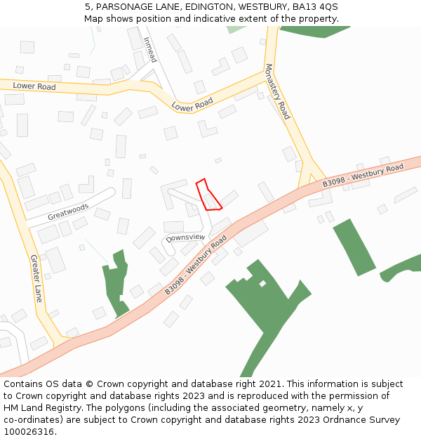 5, PARSONAGE LANE, EDINGTON, WESTBURY, BA13 4QS: Location map and indicative extent of plot