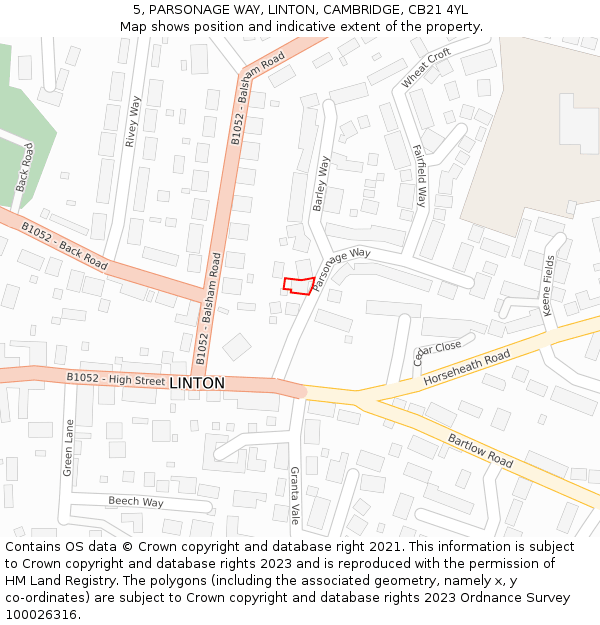 5, PARSONAGE WAY, LINTON, CAMBRIDGE, CB21 4YL: Location map and indicative extent of plot