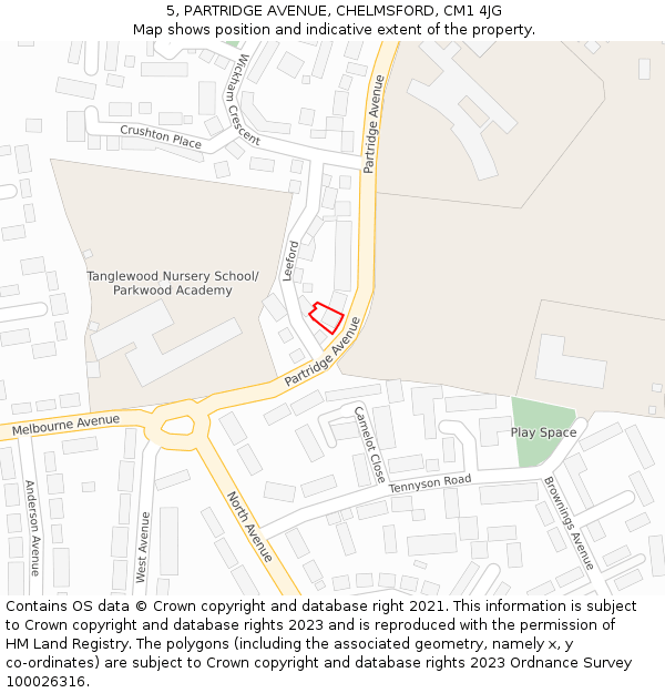 5, PARTRIDGE AVENUE, CHELMSFORD, CM1 4JG: Location map and indicative extent of plot