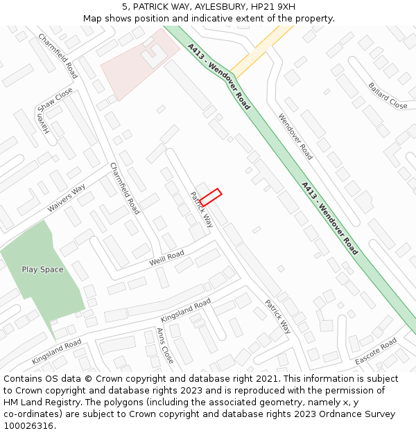 5, PATRICK WAY, AYLESBURY, HP21 9XH: Location map and indicative extent of plot