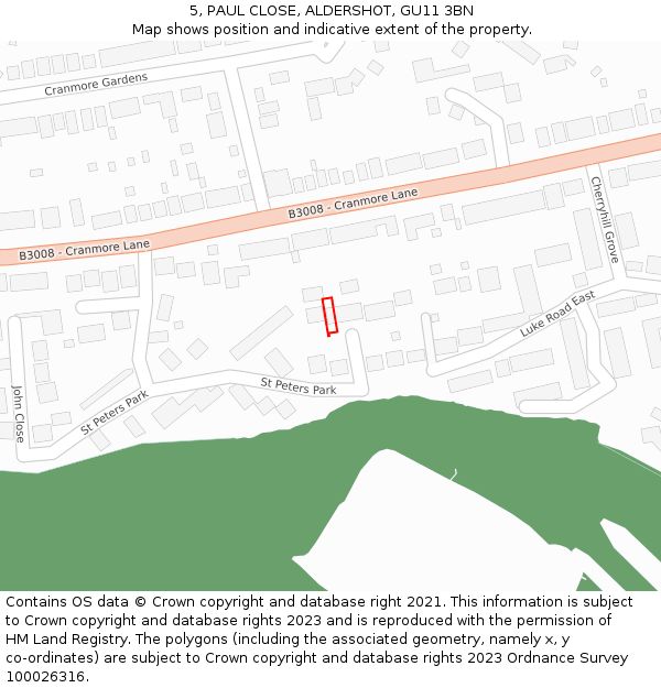 5, PAUL CLOSE, ALDERSHOT, GU11 3BN: Location map and indicative extent of plot