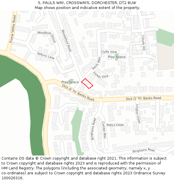 5, PAULS WAY, CROSSWAYS, DORCHESTER, DT2 8UW: Location map and indicative extent of plot
