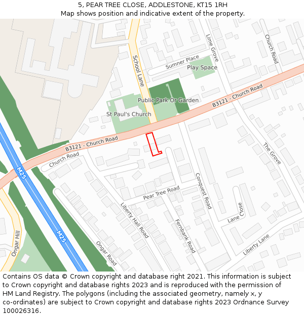 5, PEAR TREE CLOSE, ADDLESTONE, KT15 1RH: Location map and indicative extent of plot