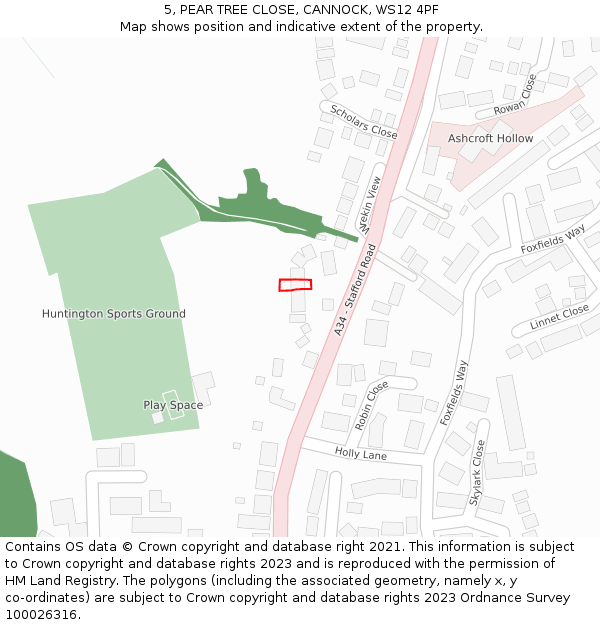 5, PEAR TREE CLOSE, CANNOCK, WS12 4PF: Location map and indicative extent of plot