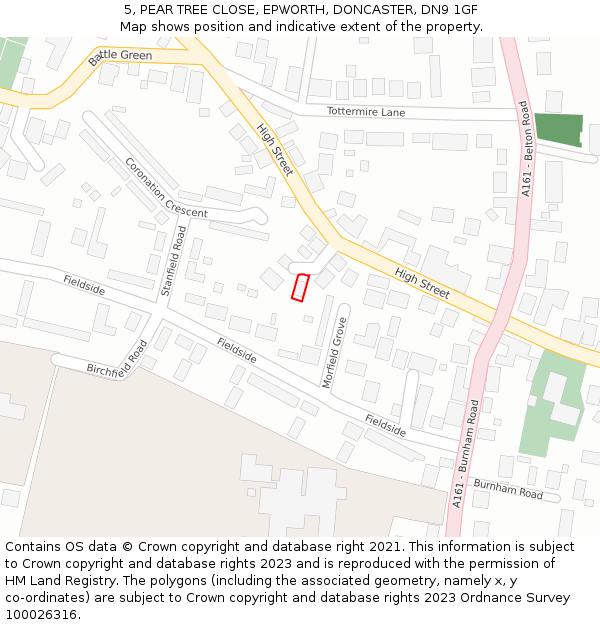 5, PEAR TREE CLOSE, EPWORTH, DONCASTER, DN9 1GF: Location map and indicative extent of plot