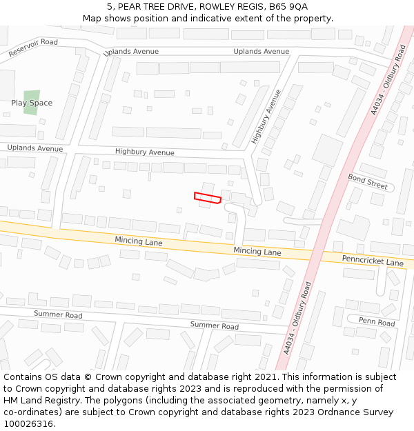 5, PEAR TREE DRIVE, ROWLEY REGIS, B65 9QA: Location map and indicative extent of plot