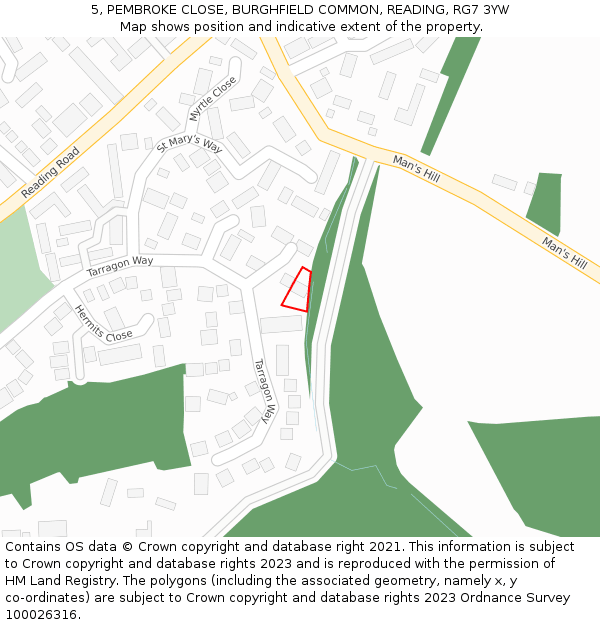5, PEMBROKE CLOSE, BURGHFIELD COMMON, READING, RG7 3YW: Location map and indicative extent of plot