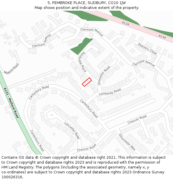 5, PEMBROKE PLACE, SUDBURY, CO10 1JW: Location map and indicative extent of plot