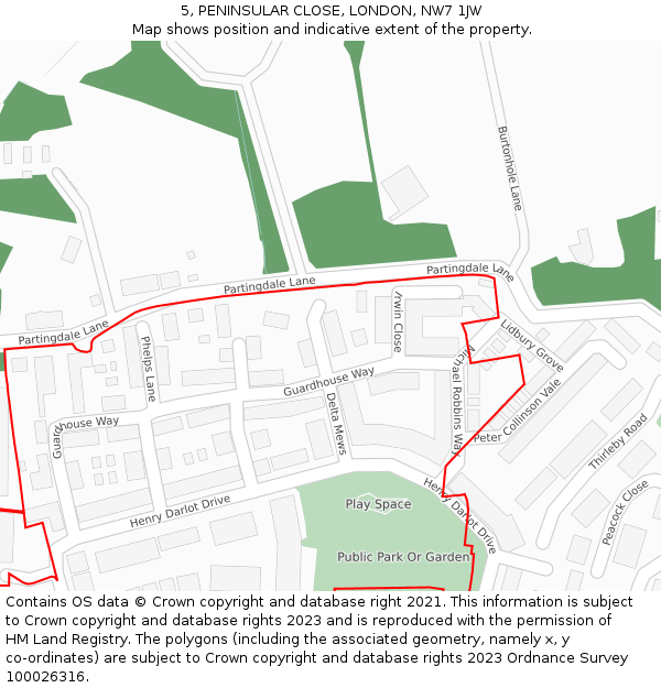 5, PENINSULAR CLOSE, LONDON, NW7 1JW: Location map and indicative extent of plot