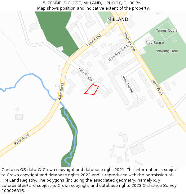 5, PENNELS CLOSE, MILLAND, LIPHOOK, GU30 7NL: Location map and indicative extent of plot