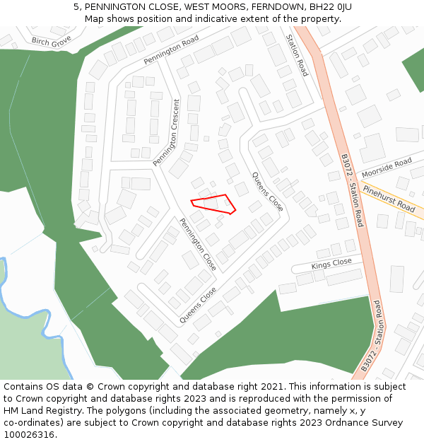 5, PENNINGTON CLOSE, WEST MOORS, FERNDOWN, BH22 0JU: Location map and indicative extent of plot