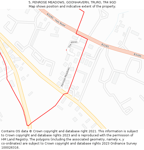 5, PENROSE MEADOWS, GOONHAVERN, TRURO, TR4 9GD: Location map and indicative extent of plot