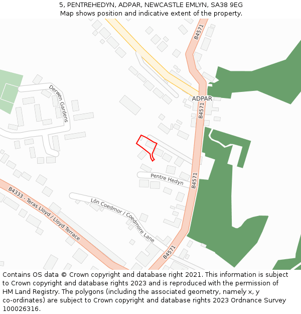 5, PENTREHEDYN, ADPAR, NEWCASTLE EMLYN, SA38 9EG: Location map and indicative extent of plot