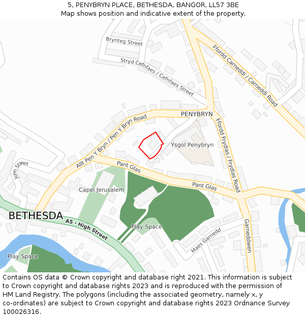 5, PENYBRYN PLACE, BETHESDA, BANGOR, LL57 3BE: Location map and indicative extent of plot