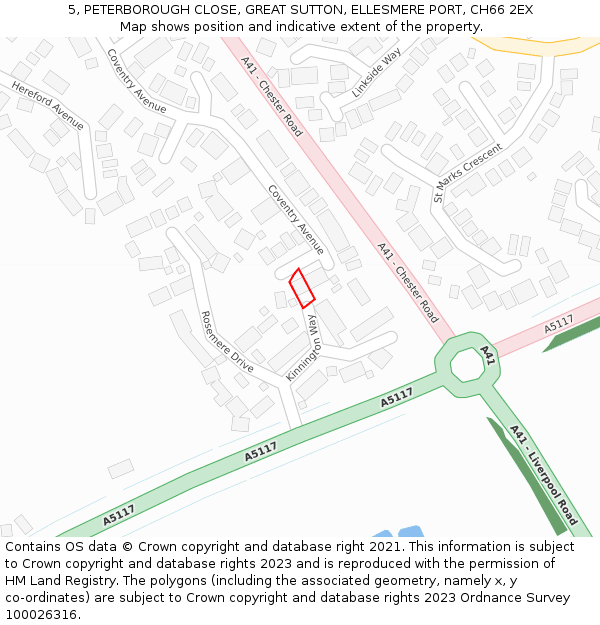 5, PETERBOROUGH CLOSE, GREAT SUTTON, ELLESMERE PORT, CH66 2EX: Location map and indicative extent of plot