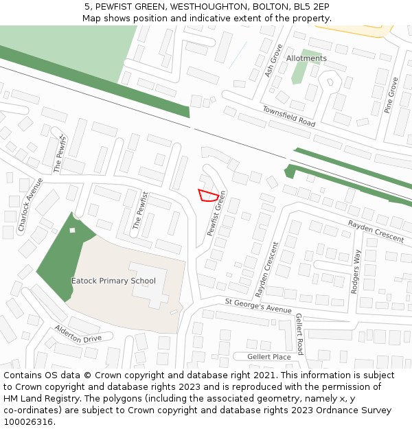 5, PEWFIST GREEN, WESTHOUGHTON, BOLTON, BL5 2EP: Location map and indicative extent of plot