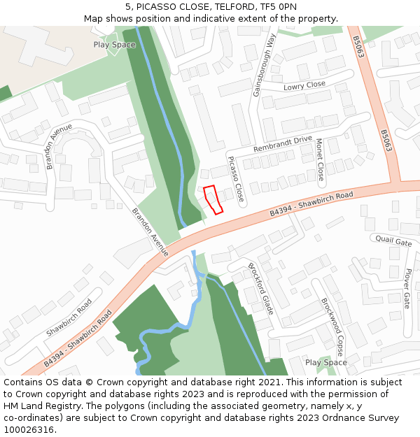 5, PICASSO CLOSE, TELFORD, TF5 0PN: Location map and indicative extent of plot