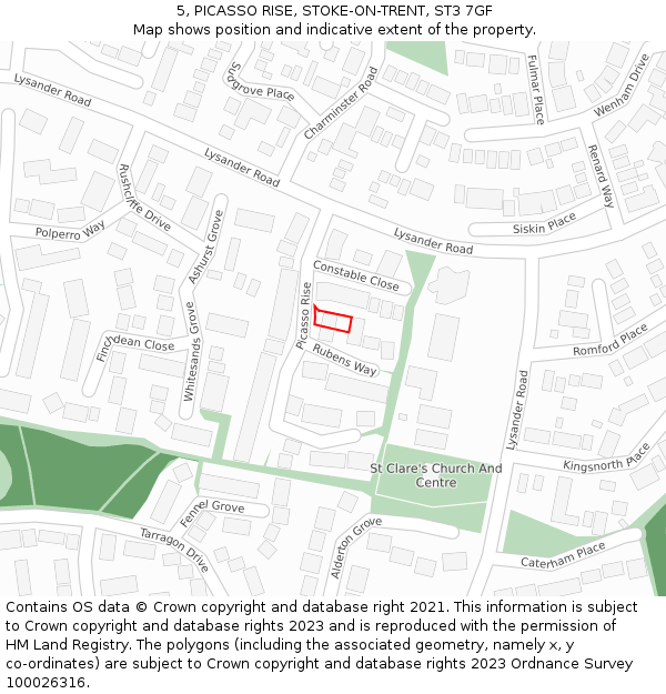 5, PICASSO RISE, STOKE-ON-TRENT, ST3 7GF: Location map and indicative extent of plot