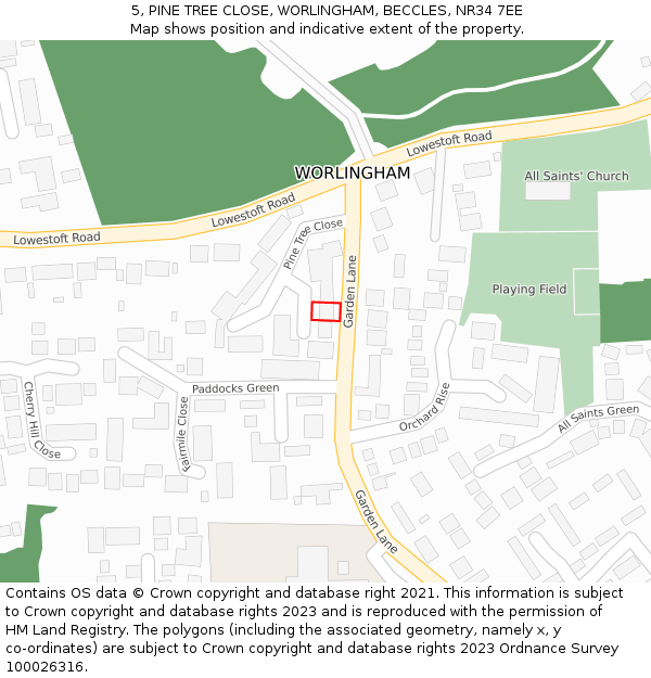 5, PINE TREE CLOSE, WORLINGHAM, BECCLES, NR34 7EE: Location map and indicative extent of plot
