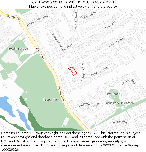 5, PINEWOOD COURT, POCKLINGTON, YORK, YO42 2UU: Location map and indicative extent of plot