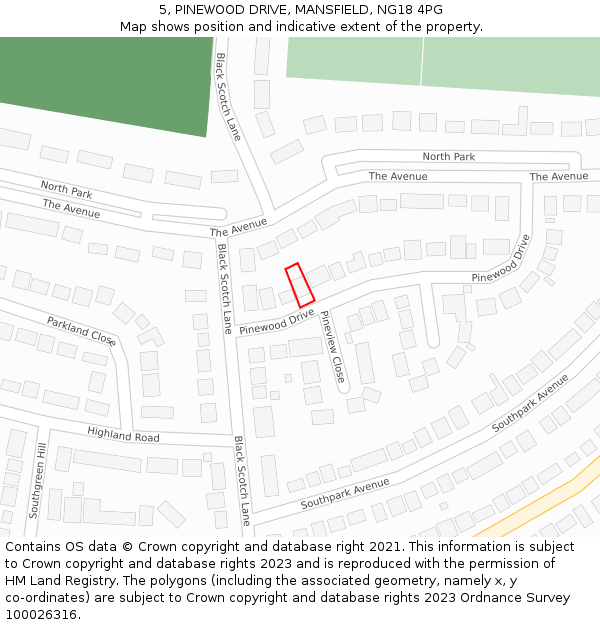 5, PINEWOOD DRIVE, MANSFIELD, NG18 4PG: Location map and indicative extent of plot