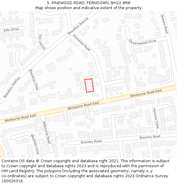 5, PINEWOOD ROAD, FERNDOWN, BH22 9RW: Location map and indicative extent of plot