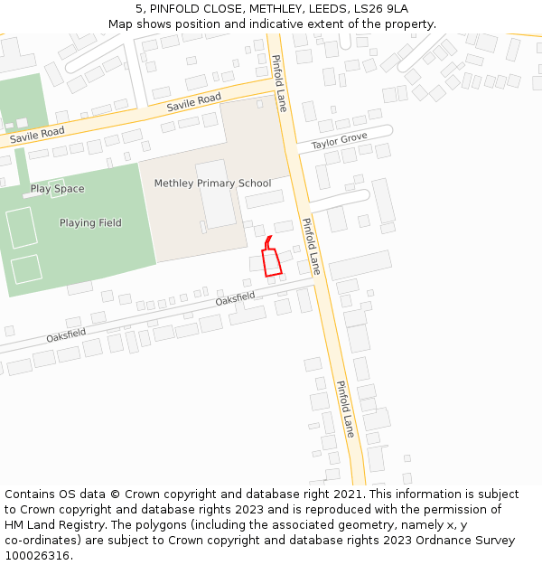 5, PINFOLD CLOSE, METHLEY, LEEDS, LS26 9LA: Location map and indicative extent of plot
