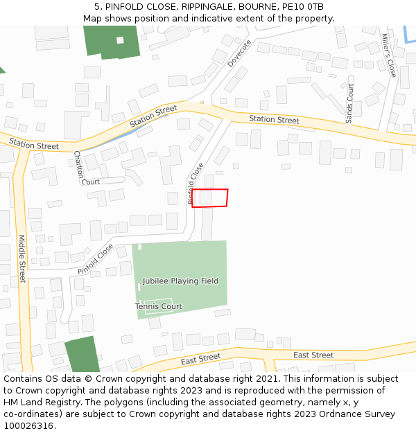 5, PINFOLD CLOSE, RIPPINGALE, BOURNE, PE10 0TB: Location map and indicative extent of plot