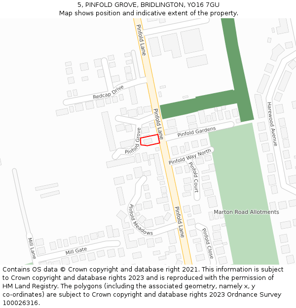 5, PINFOLD GROVE, BRIDLINGTON, YO16 7GU: Location map and indicative extent of plot