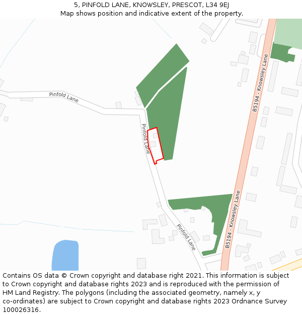 5, PINFOLD LANE, KNOWSLEY, PRESCOT, L34 9EJ: Location map and indicative extent of plot