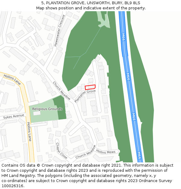 5, PLANTATION GROVE, UNSWORTH, BURY, BL9 8LS: Location map and indicative extent of plot