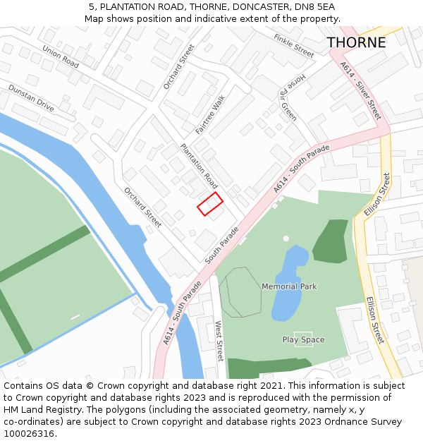 5, PLANTATION ROAD, THORNE, DONCASTER, DN8 5EA: Location map and indicative extent of plot