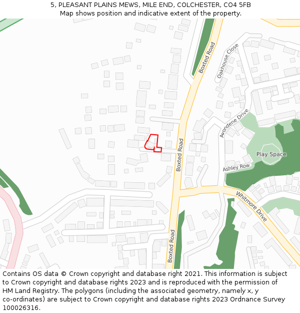 5, PLEASANT PLAINS MEWS, MILE END, COLCHESTER, CO4 5FB: Location map and indicative extent of plot