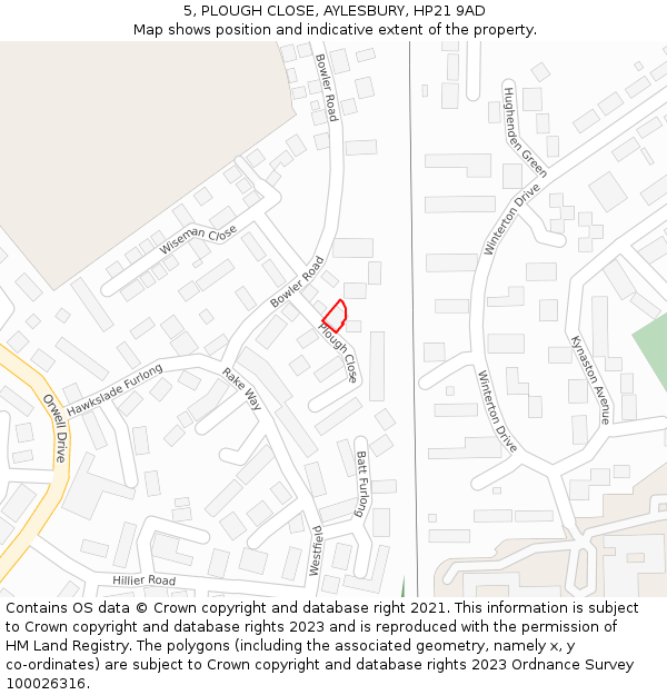 5, PLOUGH CLOSE, AYLESBURY, HP21 9AD: Location map and indicative extent of plot