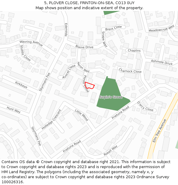 5, PLOVER CLOSE, FRINTON-ON-SEA, CO13 0UY: Location map and indicative extent of plot