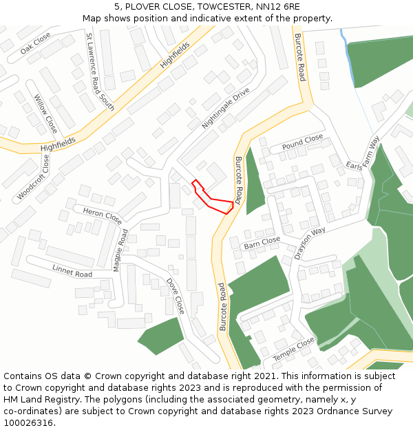 5, PLOVER CLOSE, TOWCESTER, NN12 6RE: Location map and indicative extent of plot