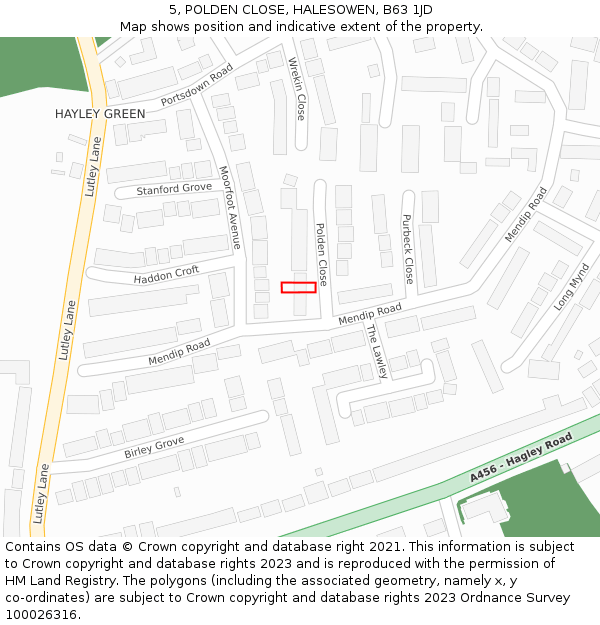 5, POLDEN CLOSE, HALESOWEN, B63 1JD: Location map and indicative extent of plot